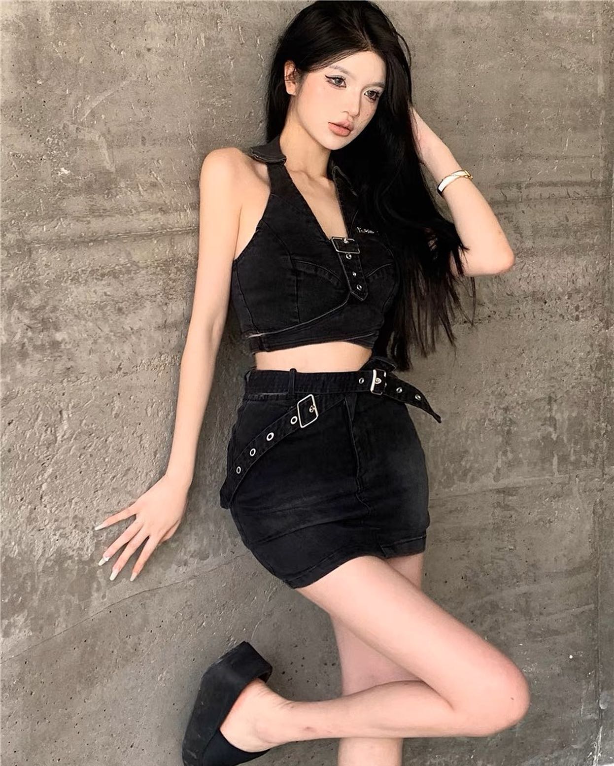 Black Denim Halter Top & Skirt Set