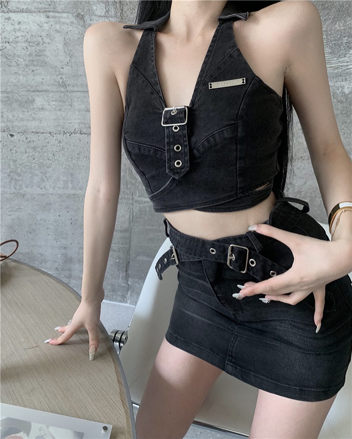 Black Denim Halter Top & Skirt Set