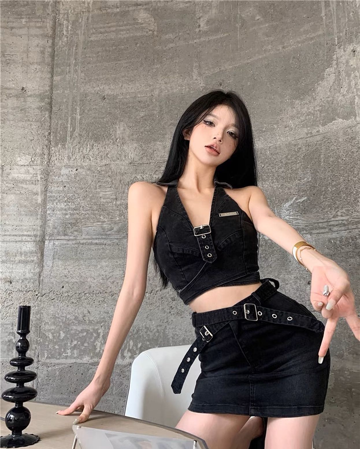 Black Denim Halter Top & Skirt Set