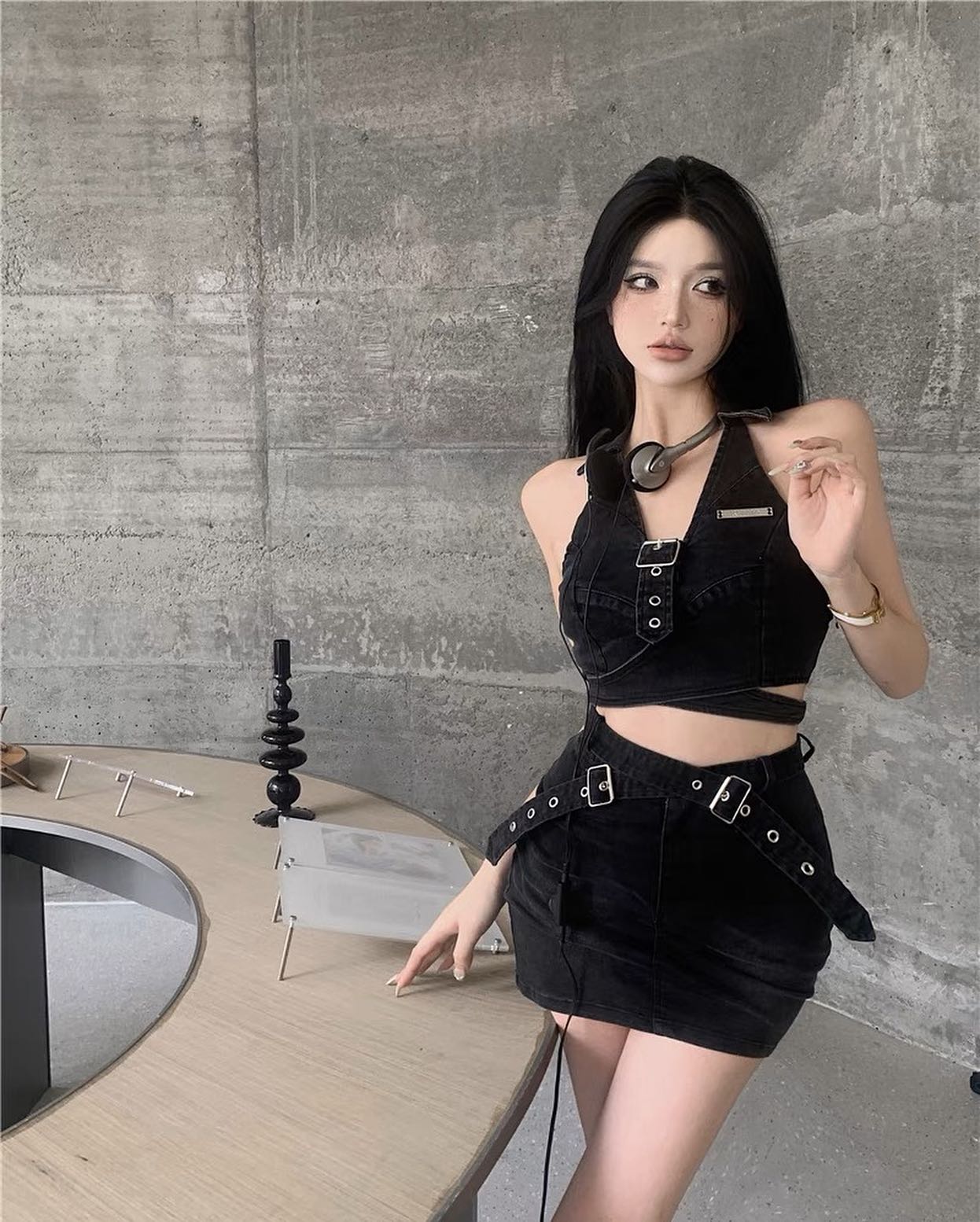 Black Denim Halter Top & Skirt Set