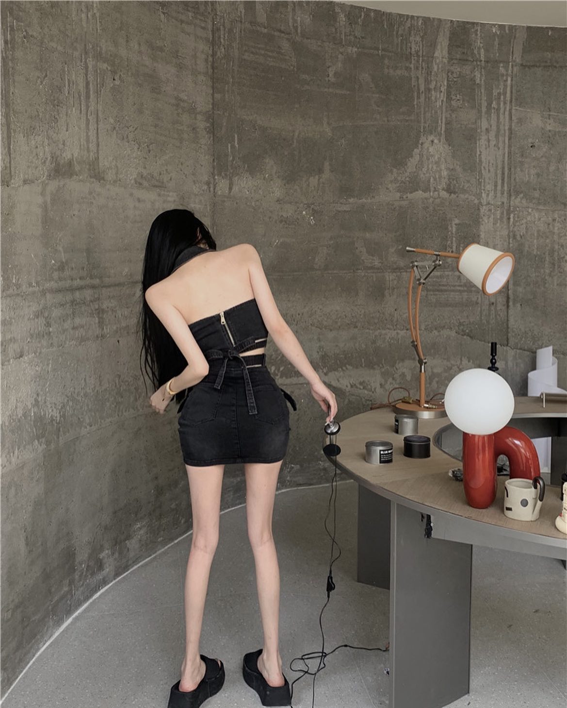 Black Denim Halter Top & Skirt Set