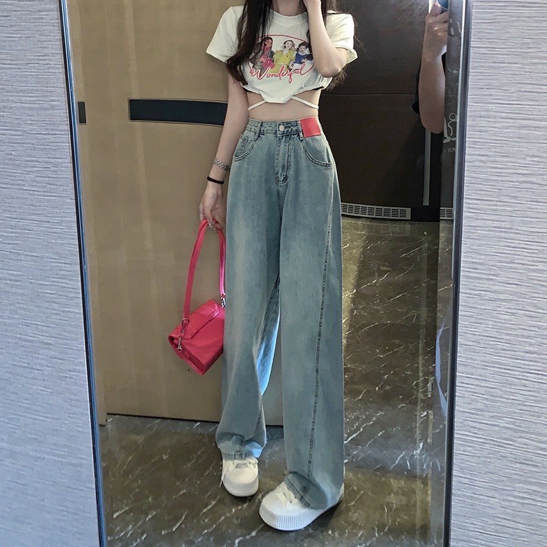 Pink Patch Denim High Waist Long Pants