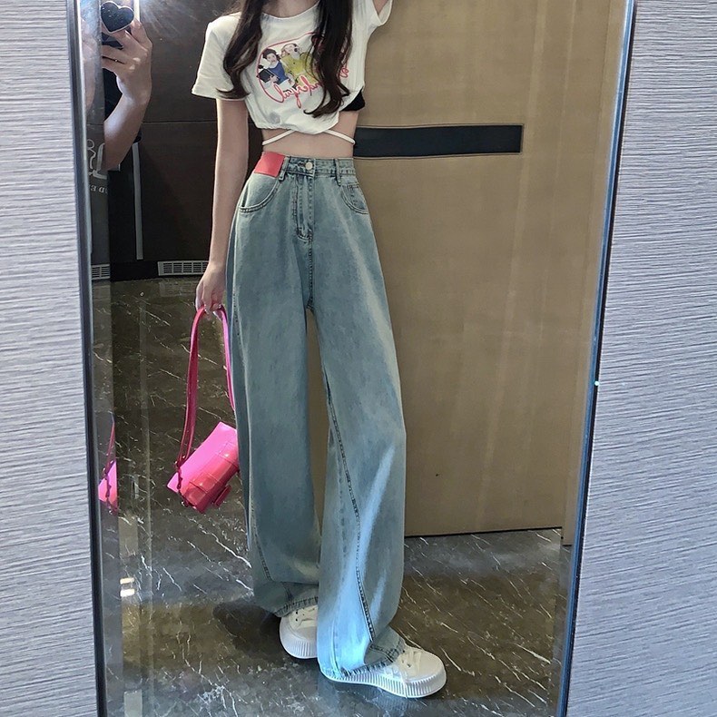 Pink Patch Denim High Waist Long Pants