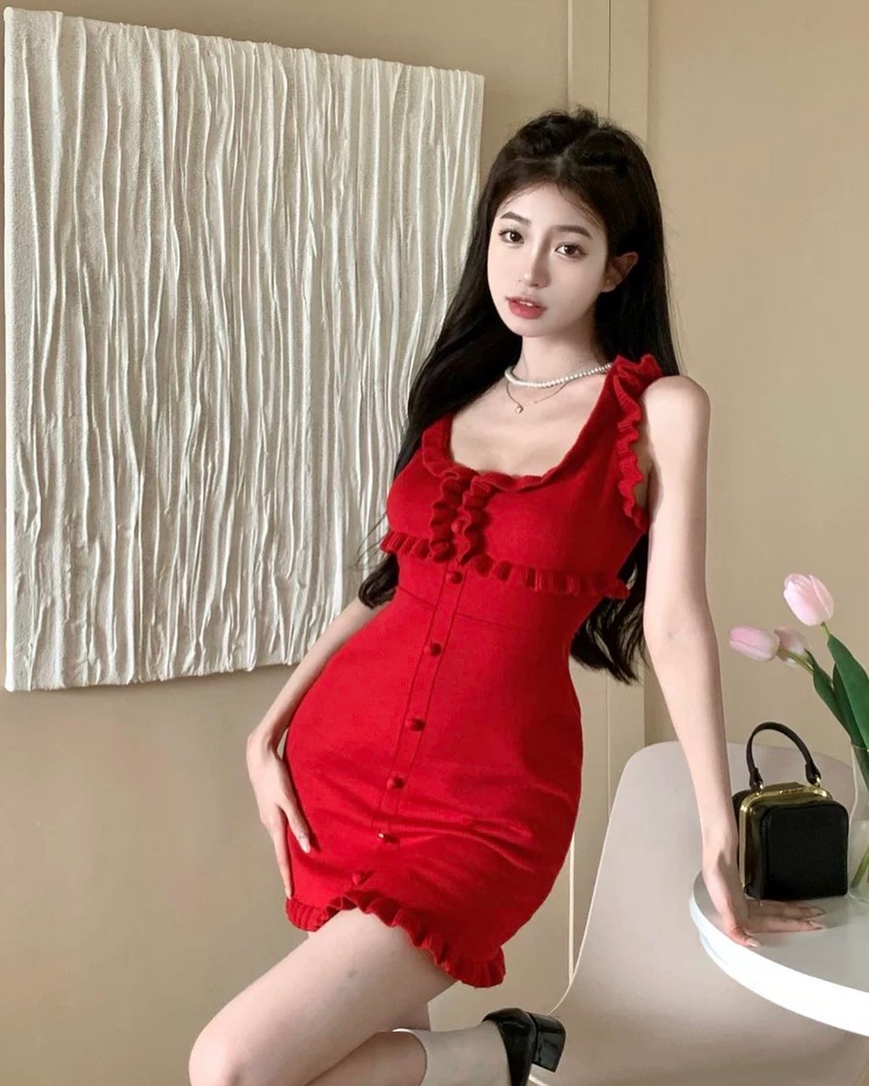 Ruffled Sleeveless Red Dress