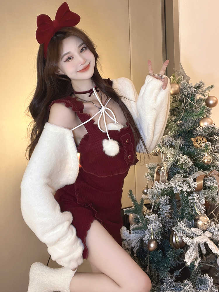 White Furry Outer & Red Dress