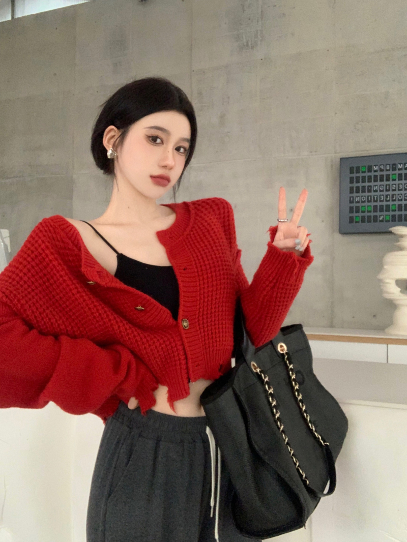 Red Knitted Button Long Sleeve Top