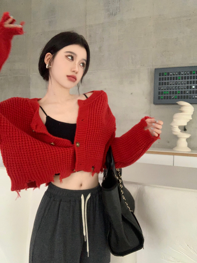 Red Knitted Button Long Sleeve Top