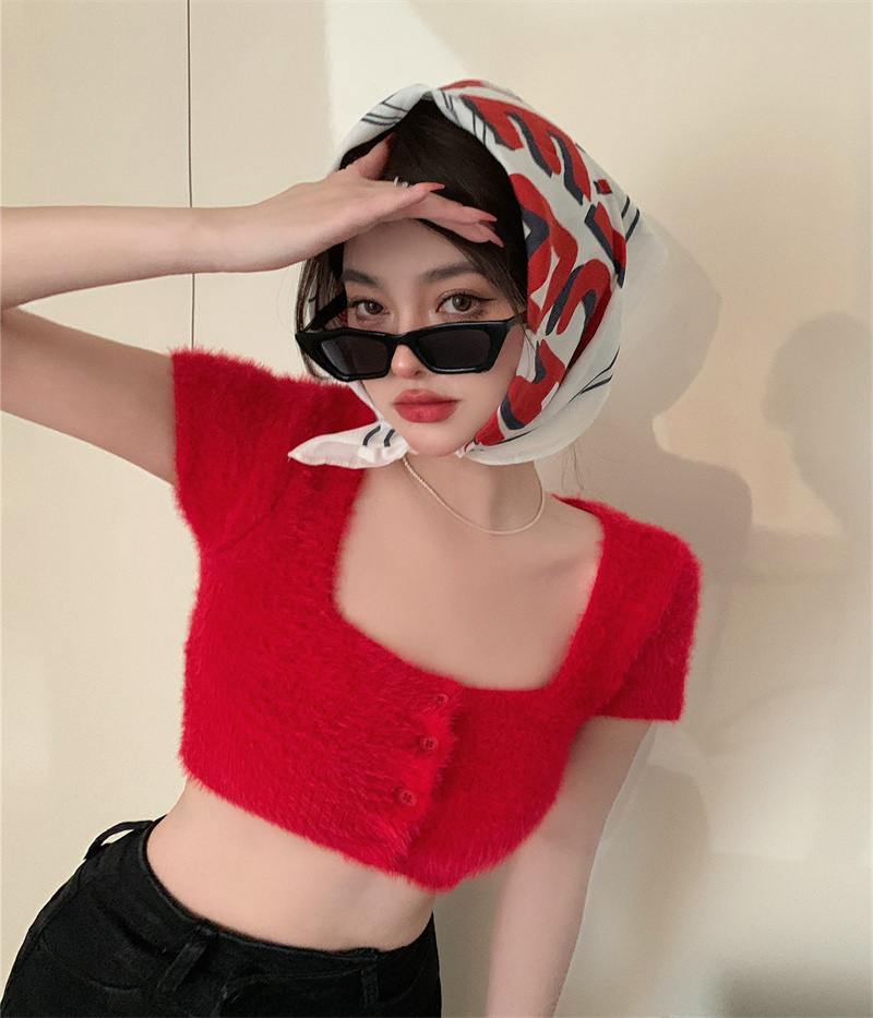 Red Furry Square Neck Top