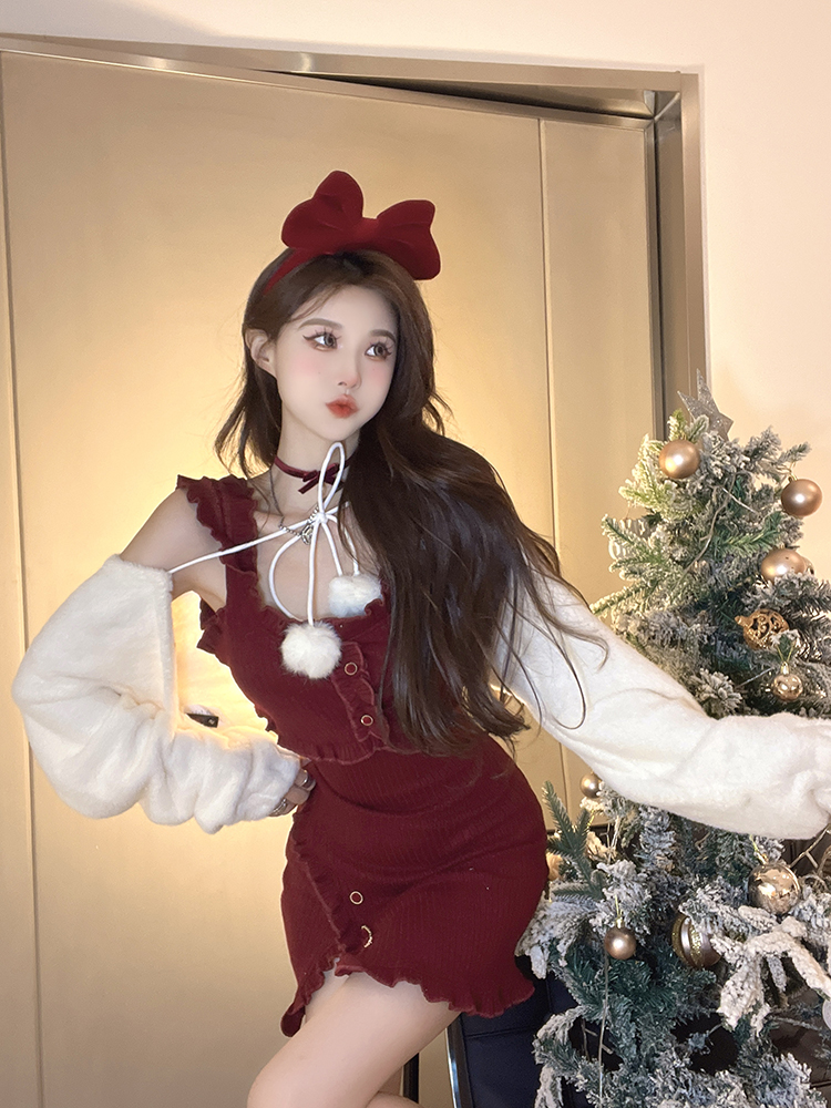 White Furry Outer & Red Dress