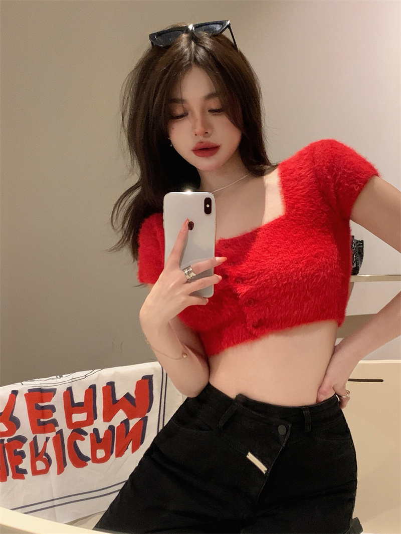 Red Furry Square Neck Top