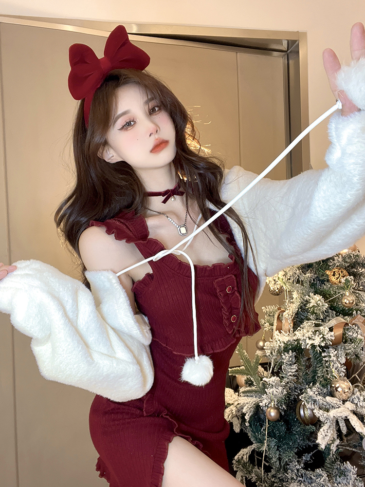 White Furry Outer & Red Dress