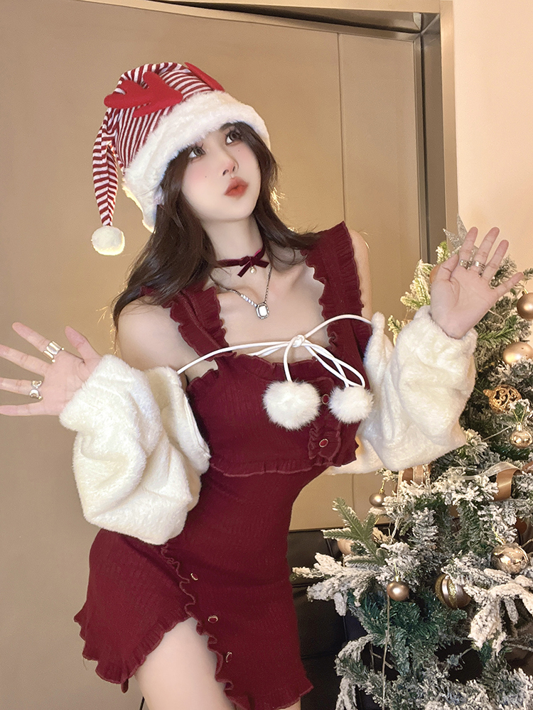 White Furry Outer & Red Dress