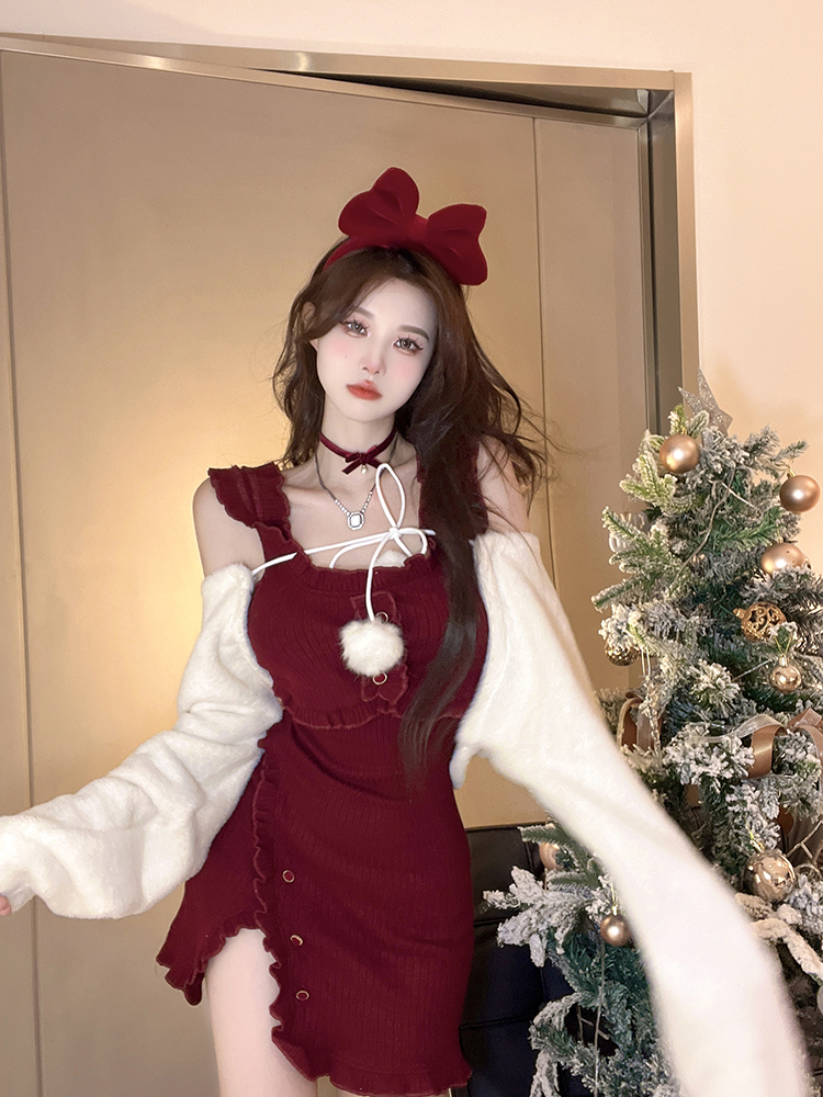 White Furry Outer & Red Dress