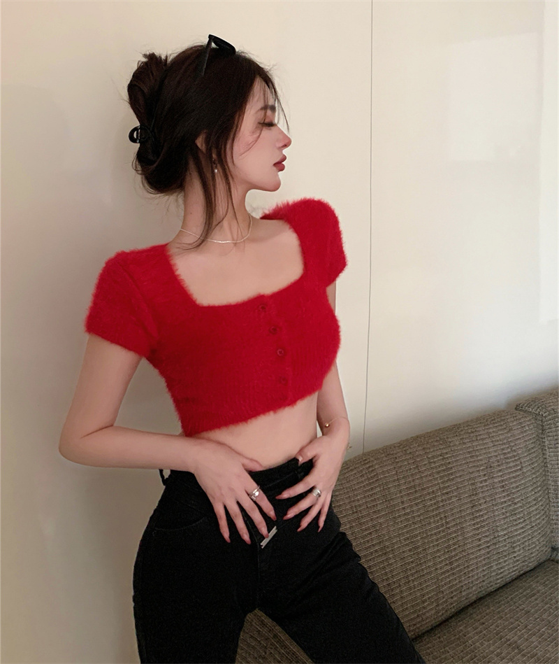 Red Furry Square Neck Top