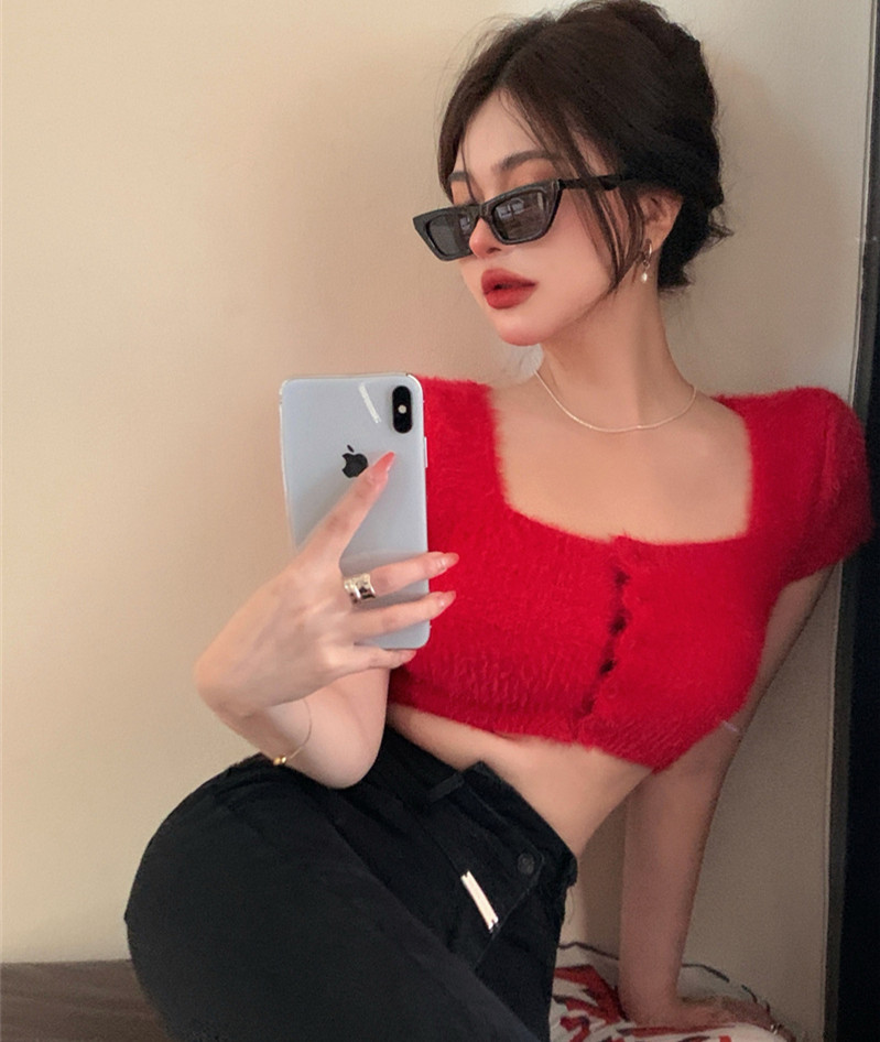 Red Furry Square Neck Top