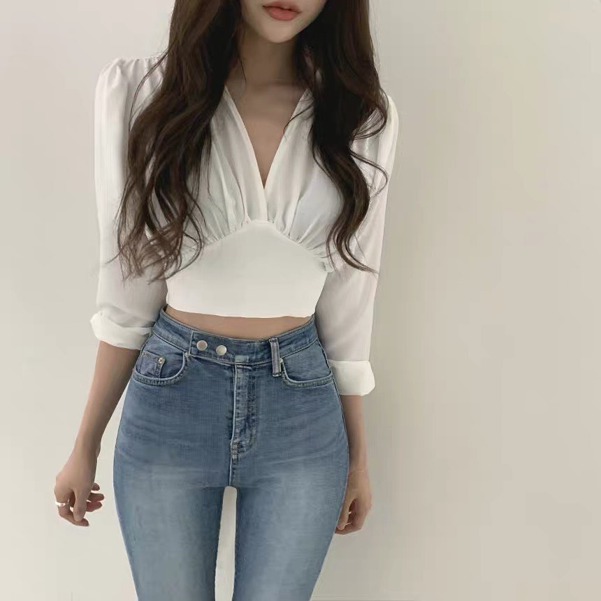 V neck tie back ribbon blouse