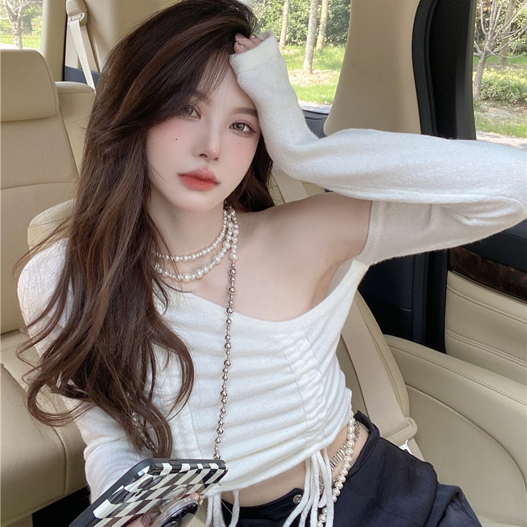 White slanted drawstring blouse