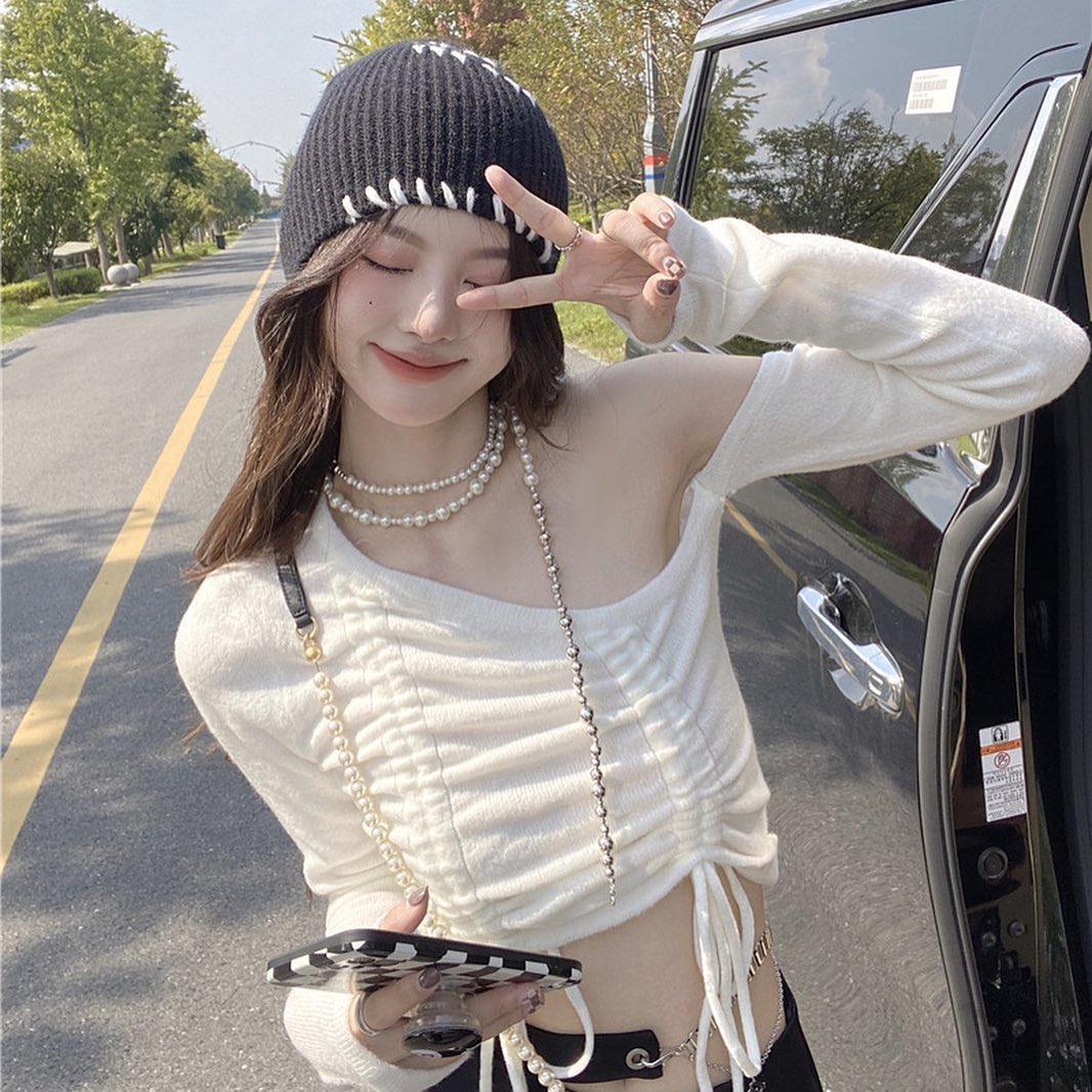 White slanted drawstring blouse