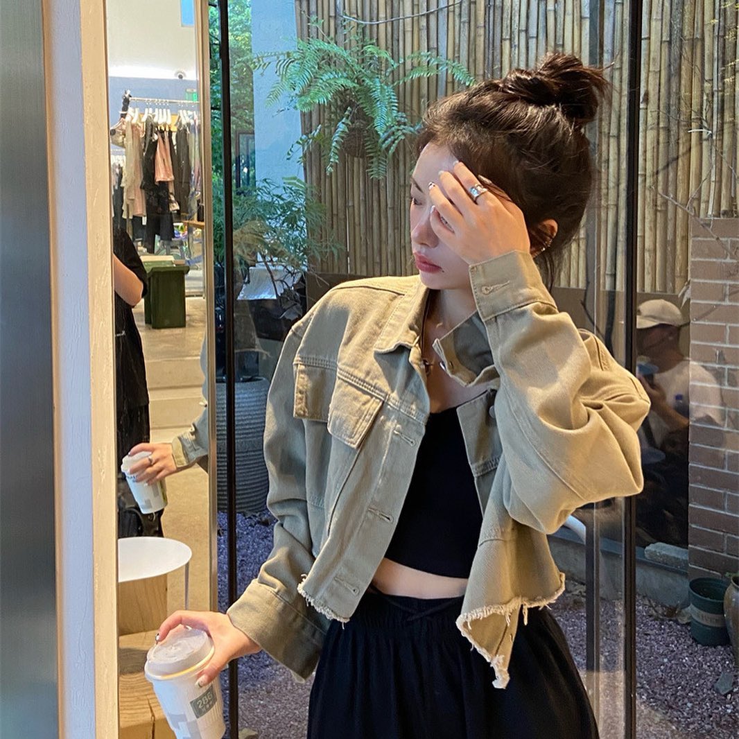 Khaki crop denim jacket