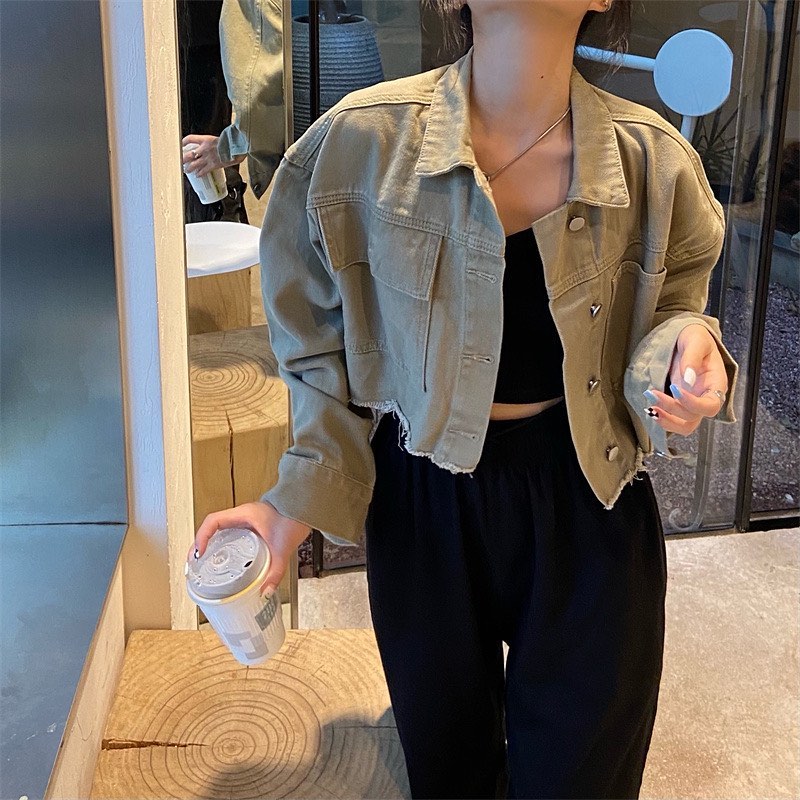Khaki crop denim jacket