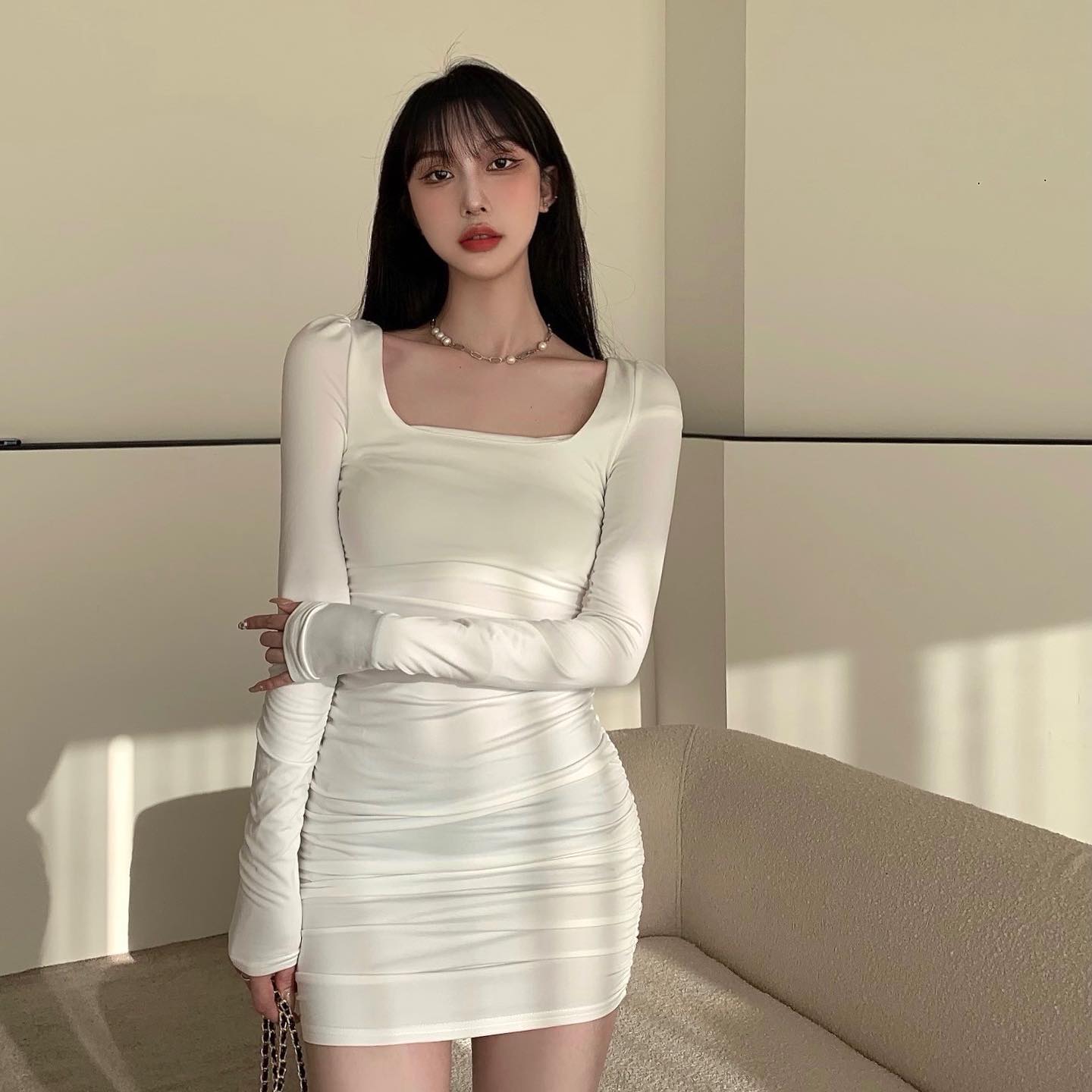 White long sleeve square neck dress