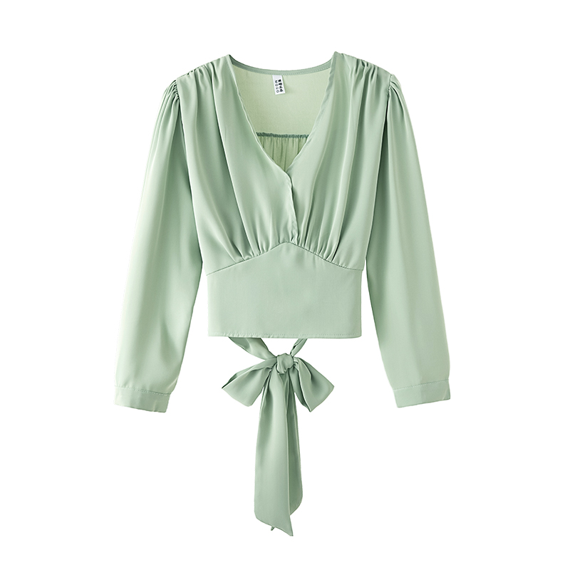 V neck tie back ribbon blouse