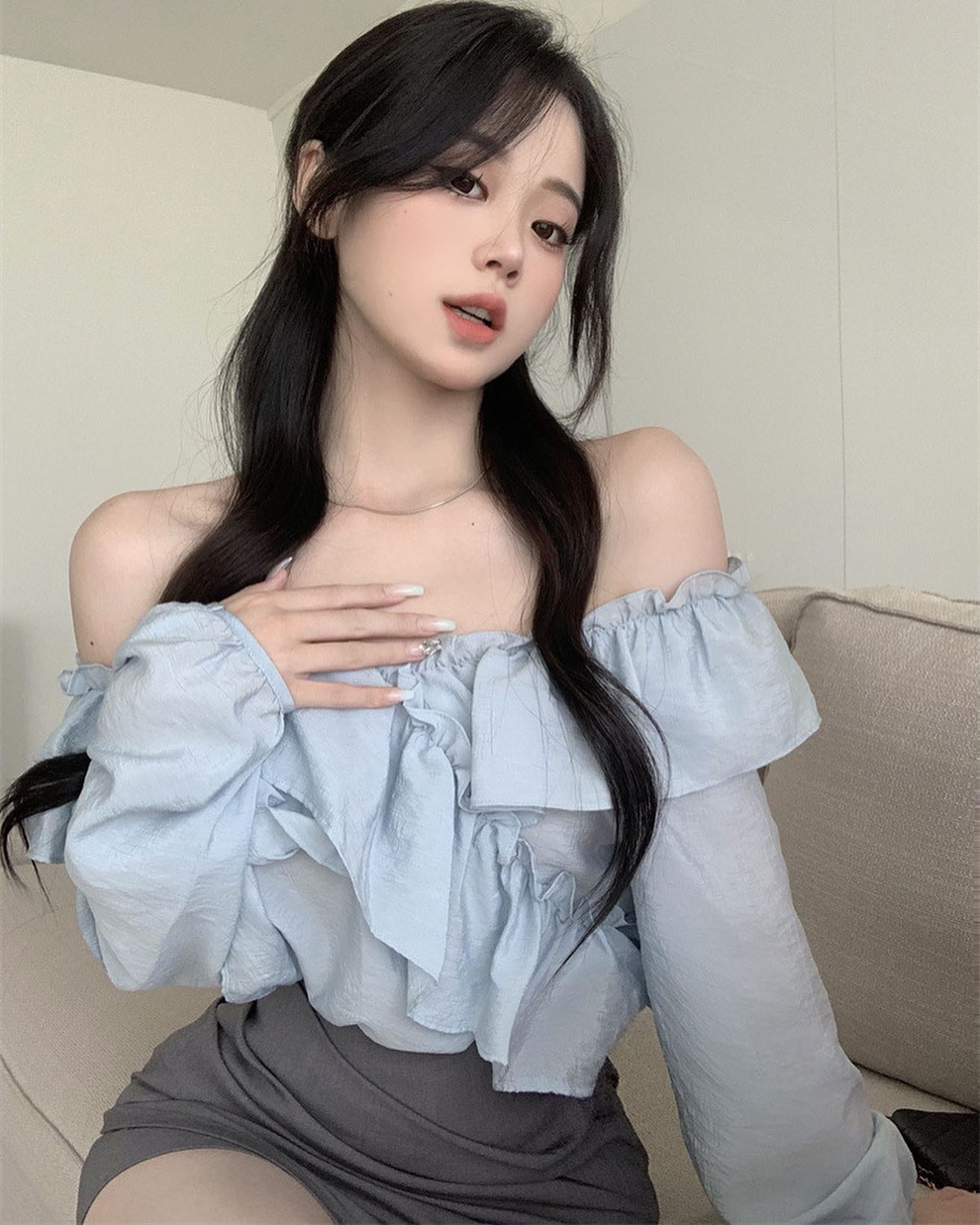 Blue Ruffle Blouse & Grey High Waist Skirt Set