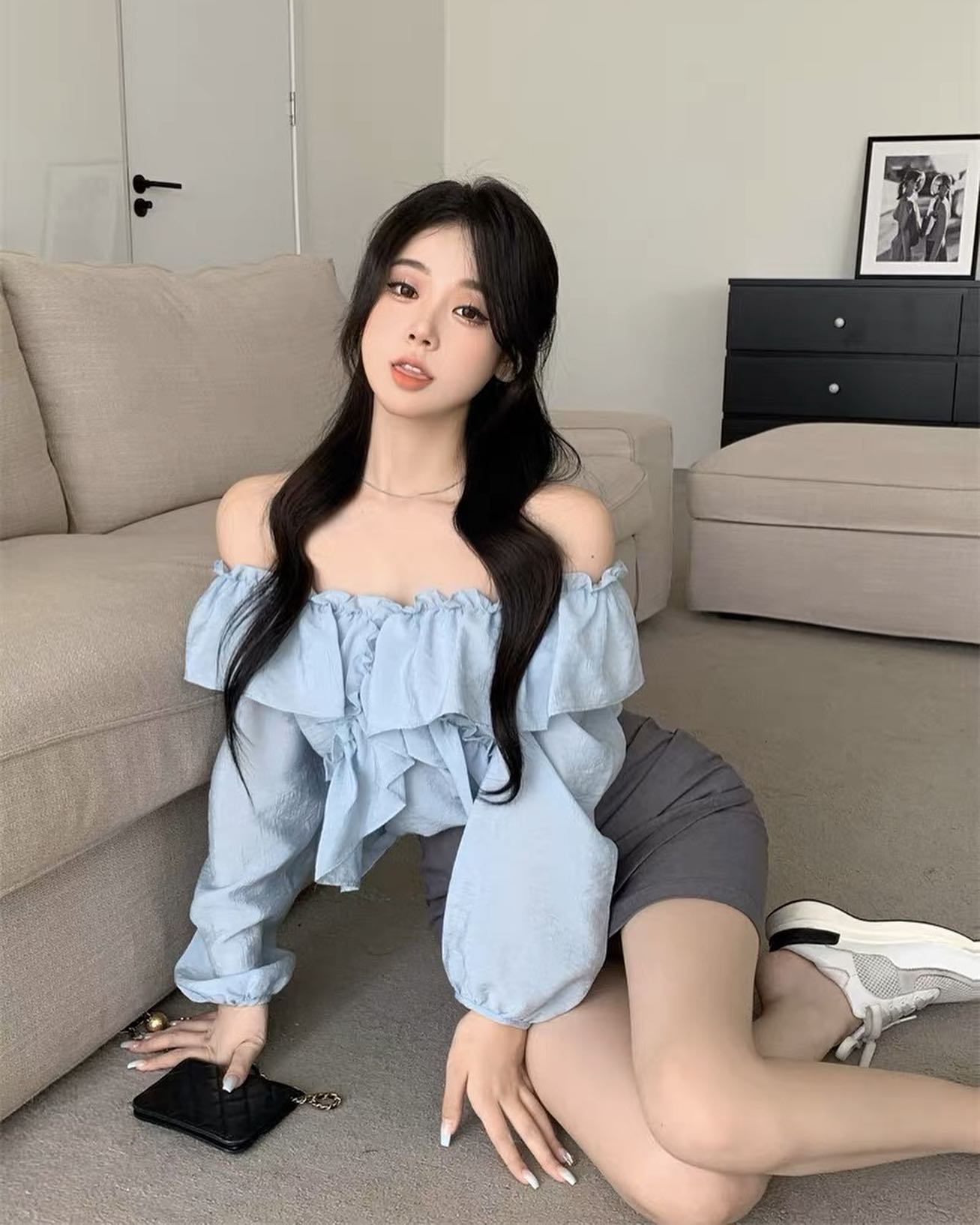 Blue Ruffle Blouse & Grey High Waist Skirt Set