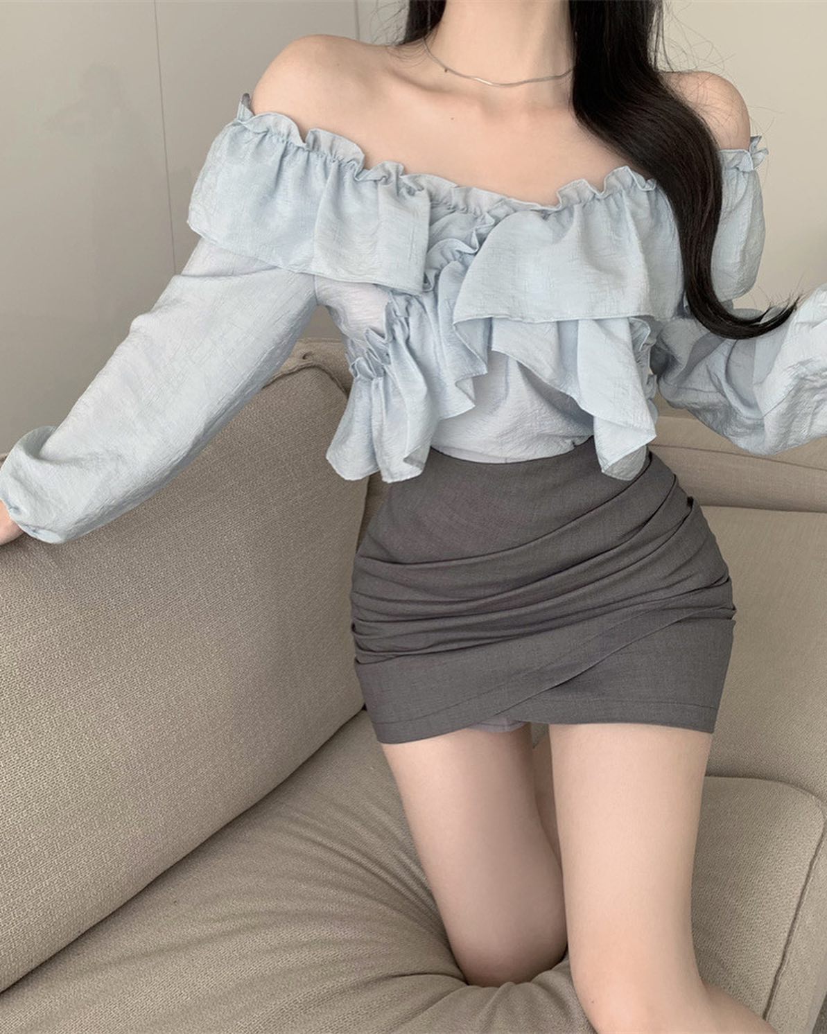 Blue Ruffle Blouse & Grey High Waist Skirt Set