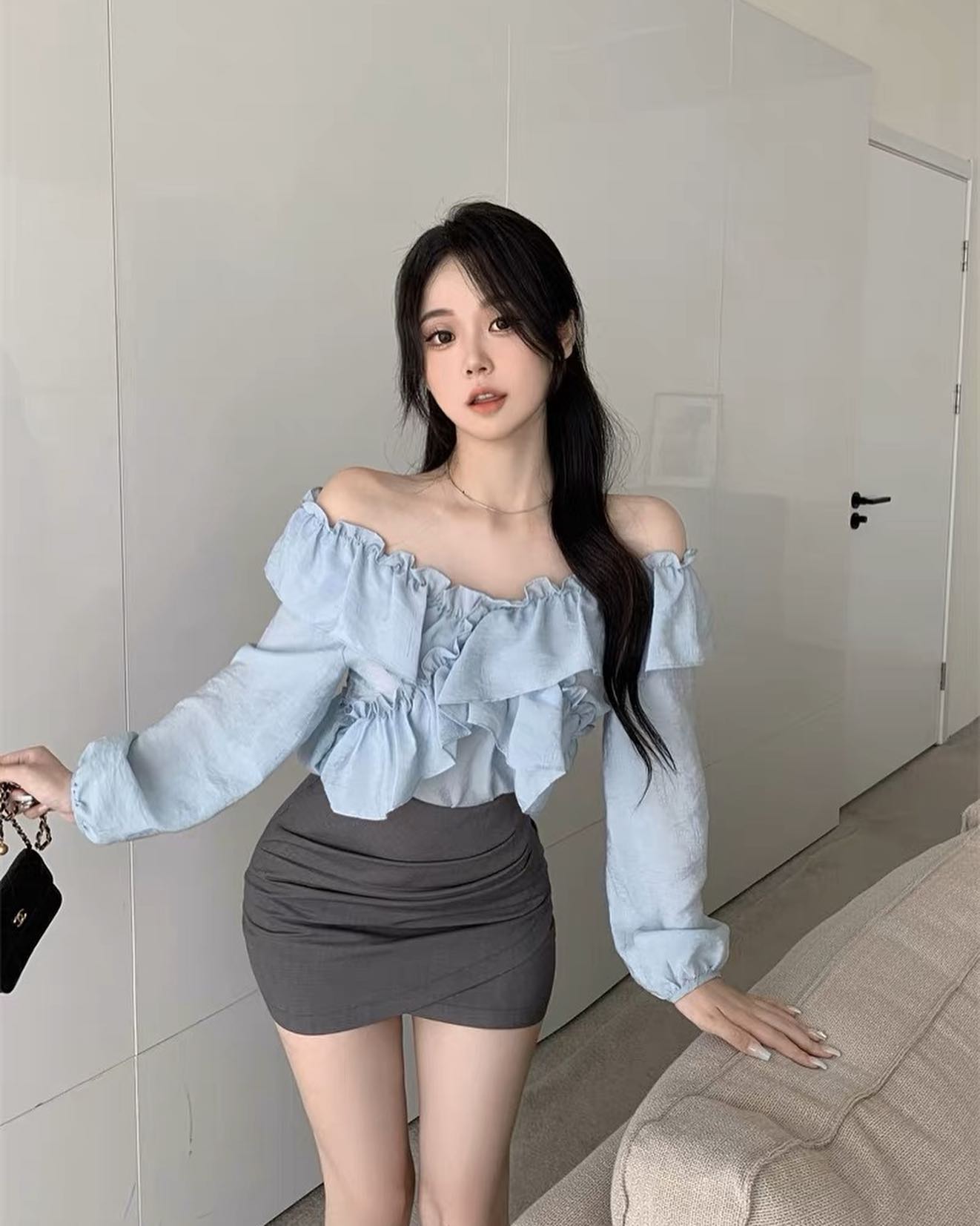 Blue Ruffle Blouse & Grey High Waist Skirt Set