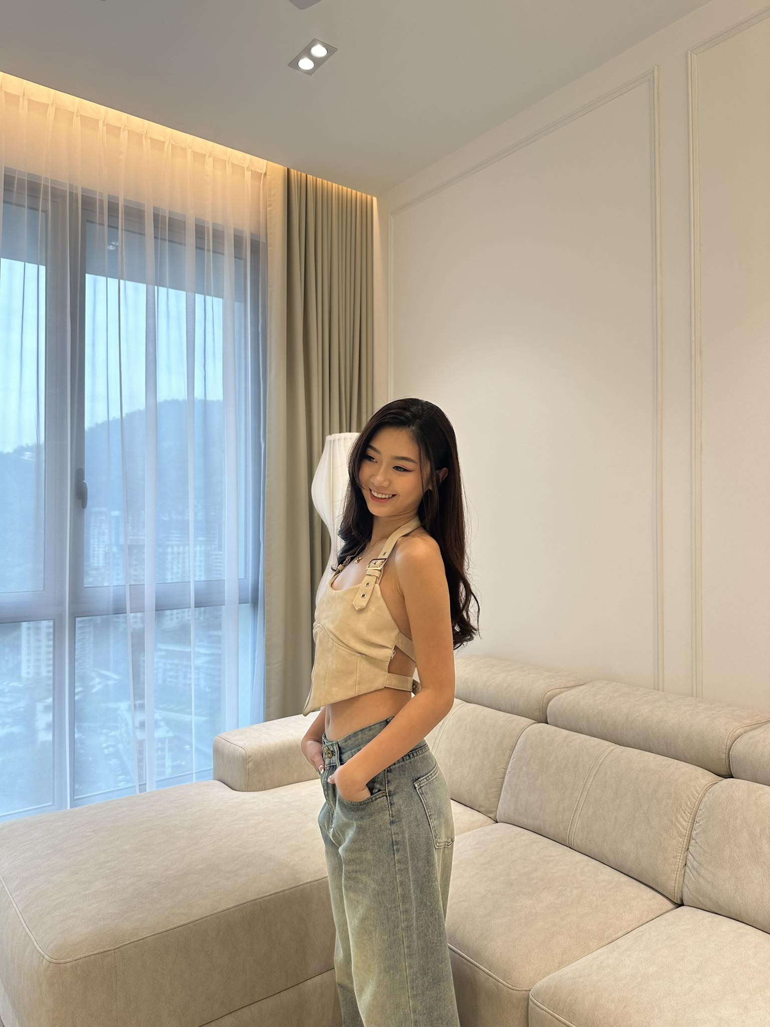 Khaki Halter Top / High Waist Denim Long Pants