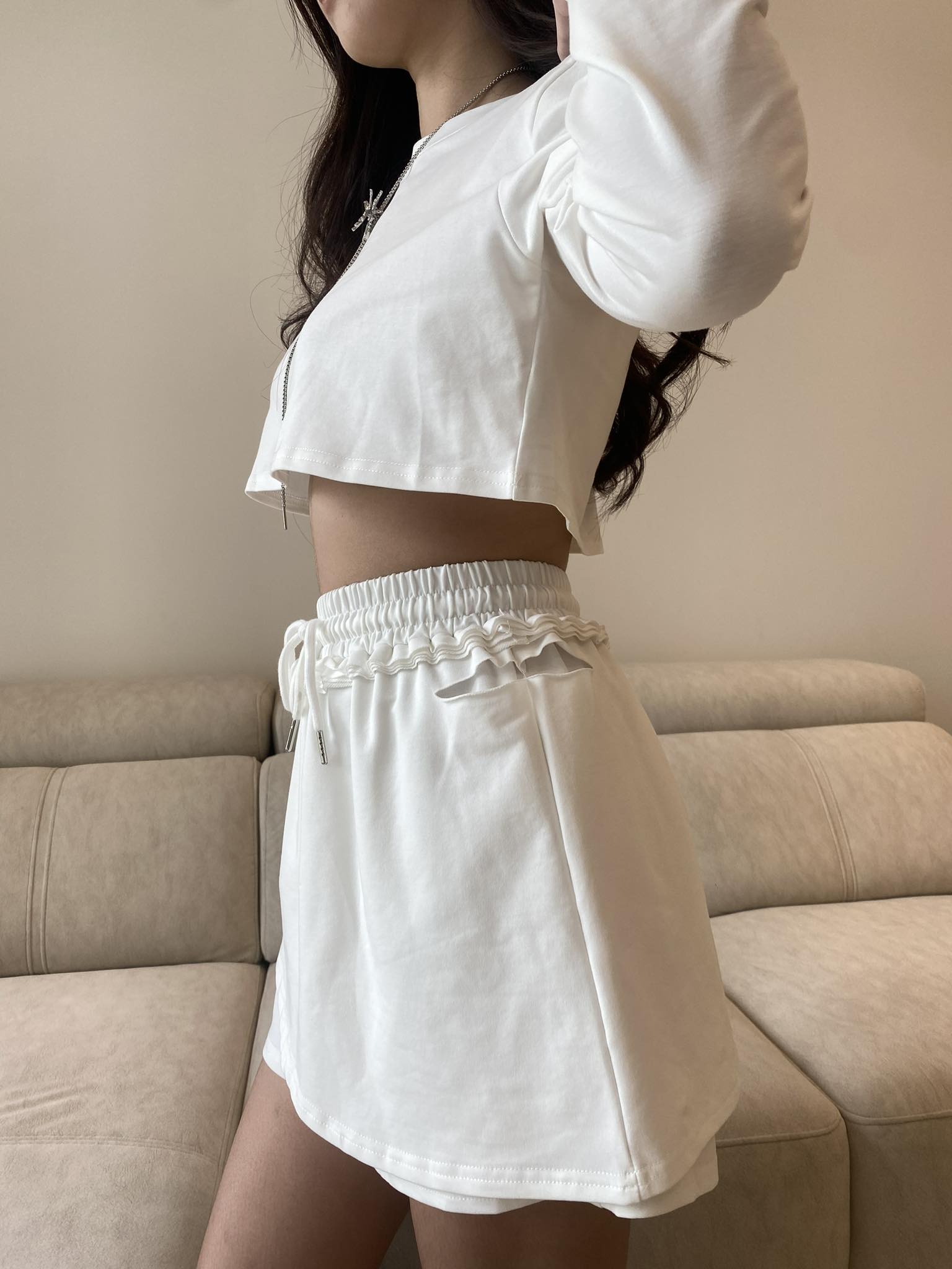 White Long Sleeve Crop Top & Skirt Set