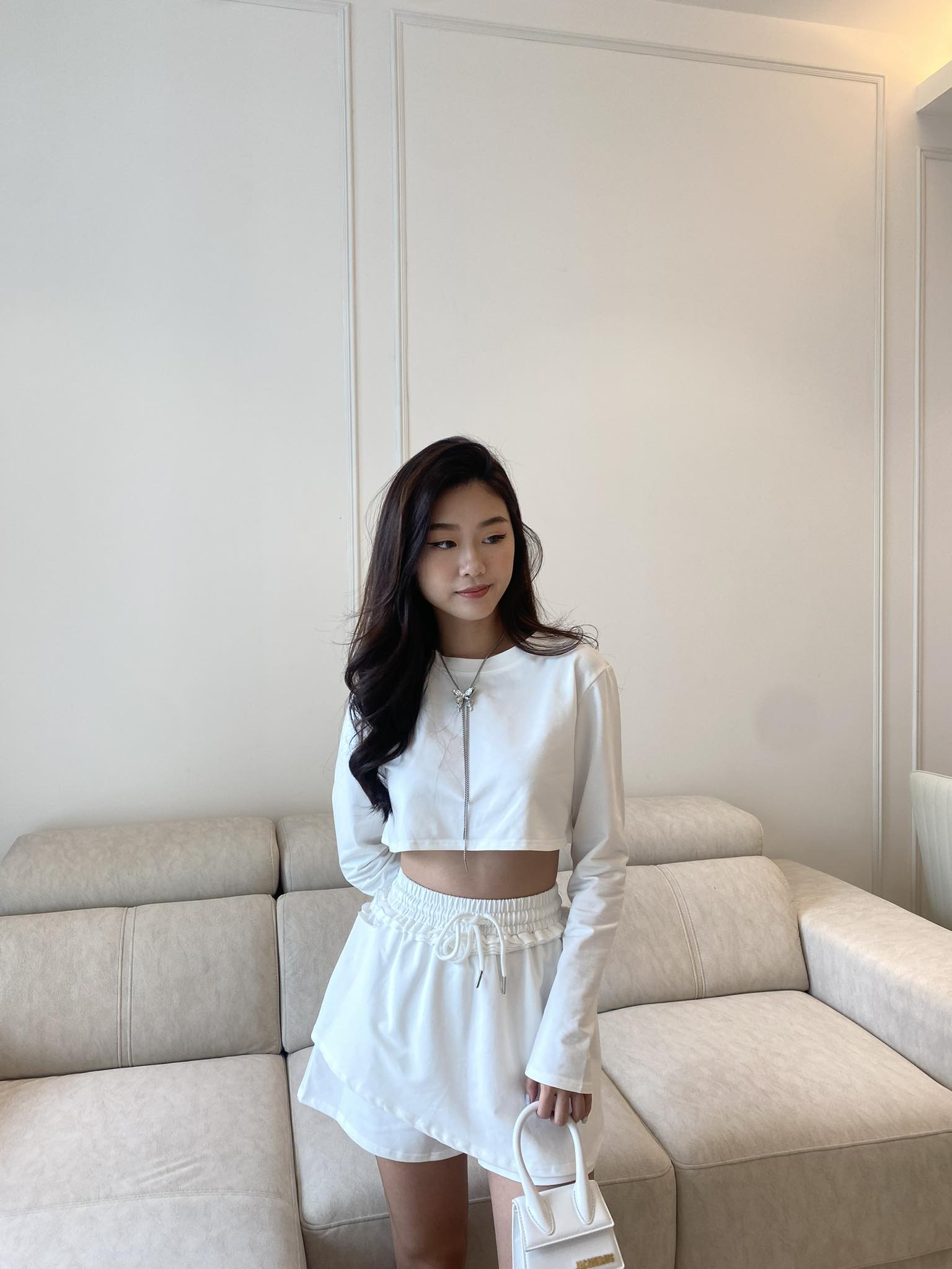 White Long Sleeve Crop Top & Skirt Set