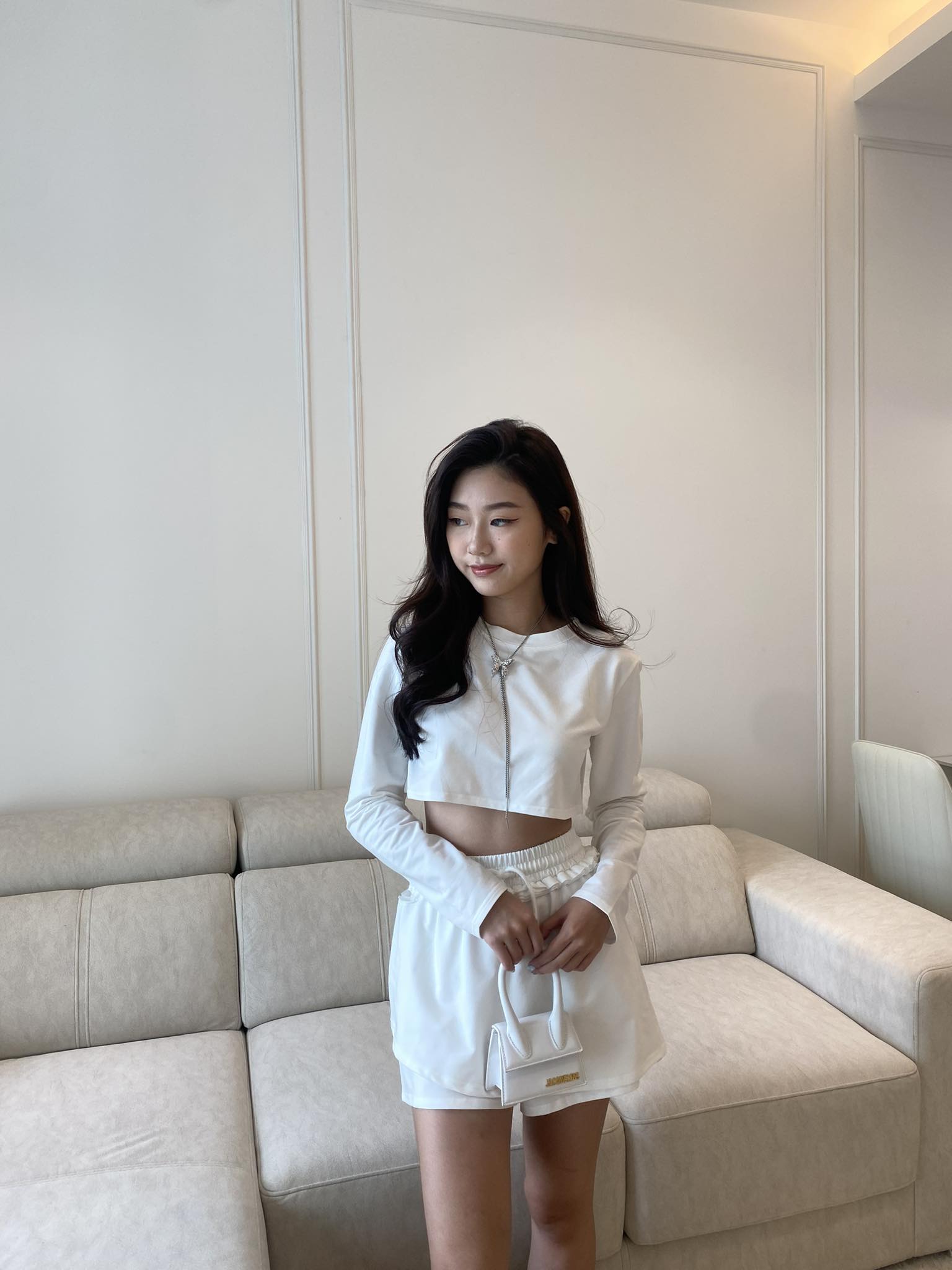 White Long Sleeve Crop Top & Skirt Set