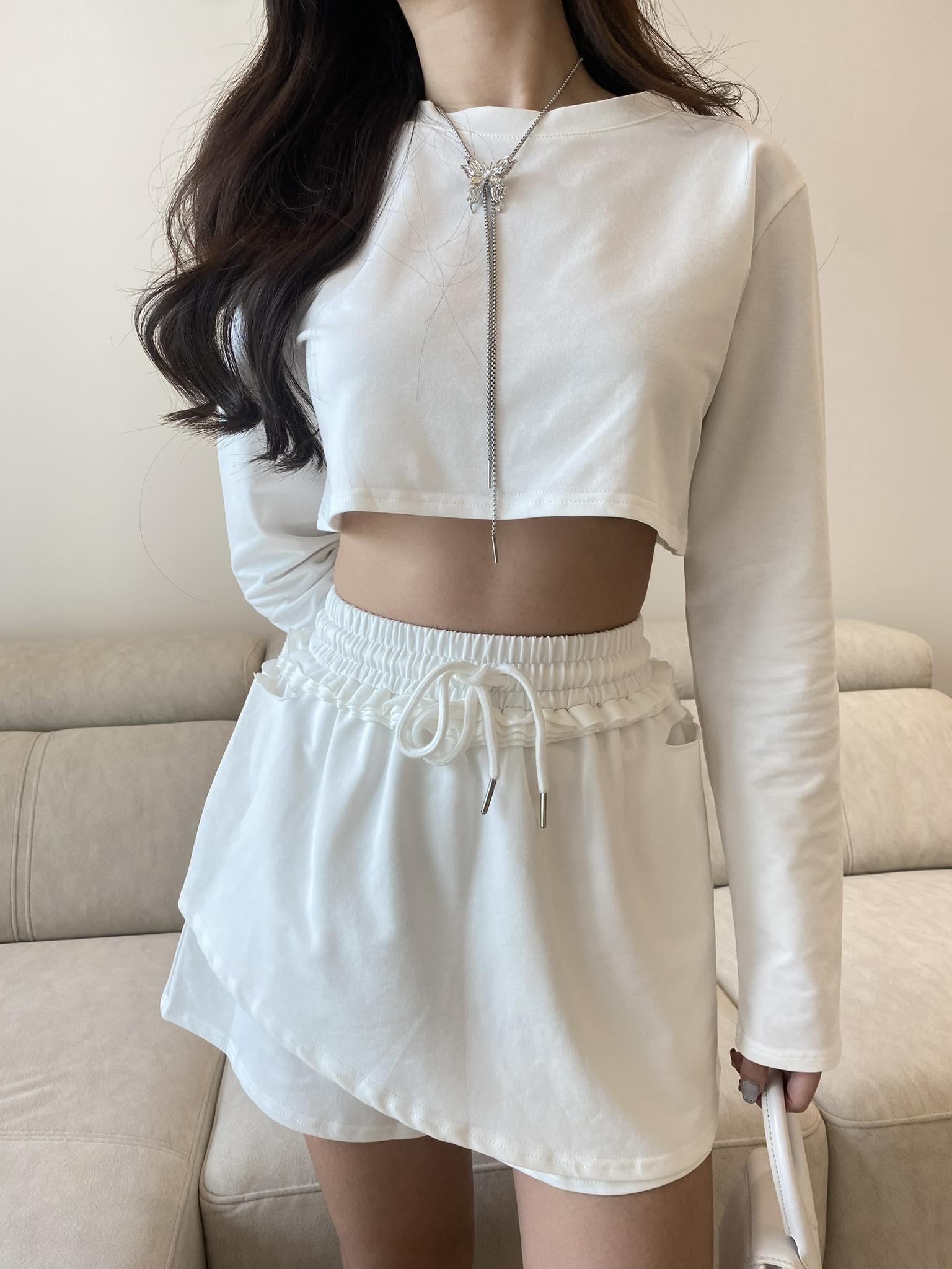 White Long Sleeve Crop Top & Skirt Set