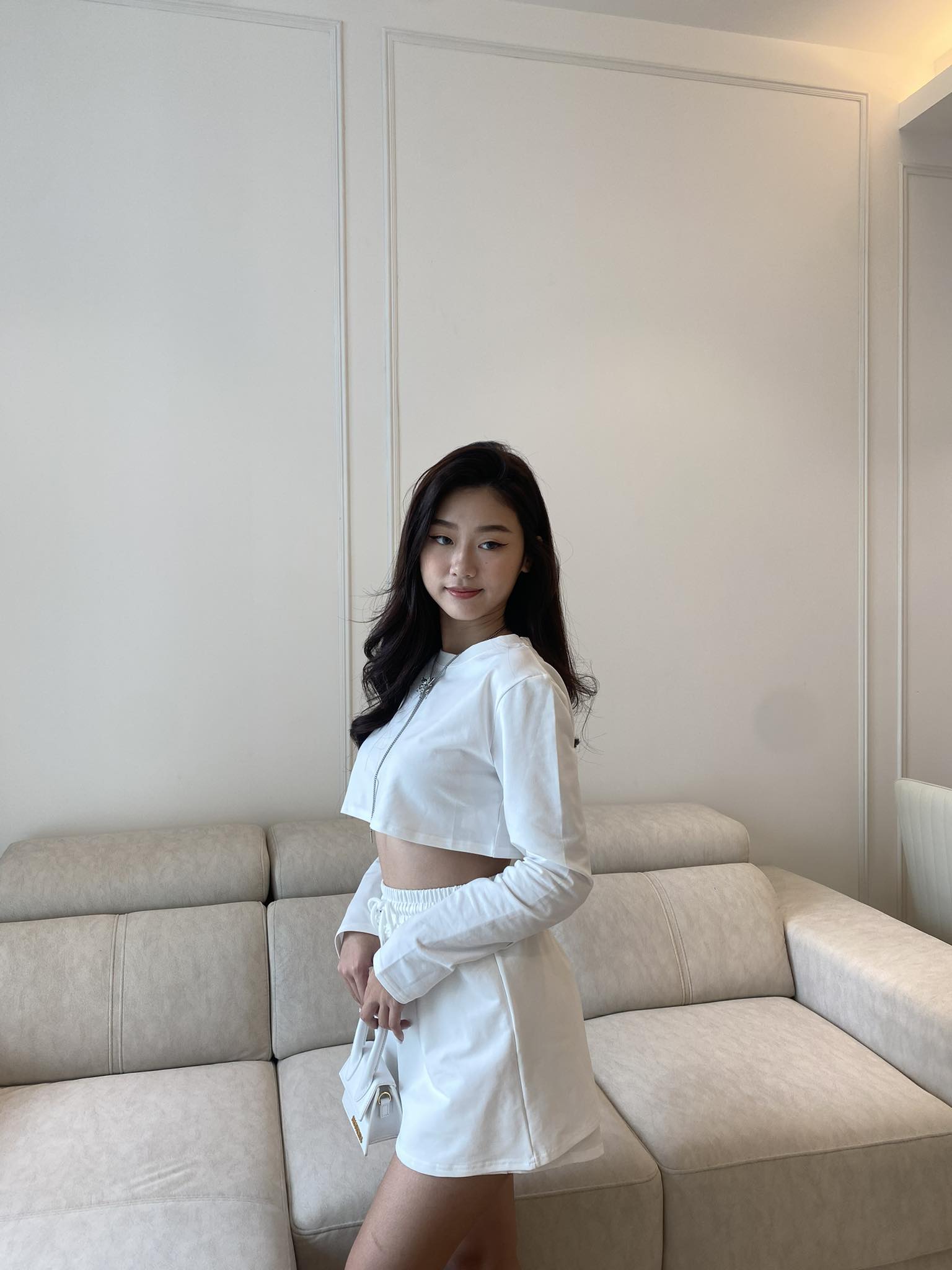 White Long Sleeve Crop Top & Skirt Set