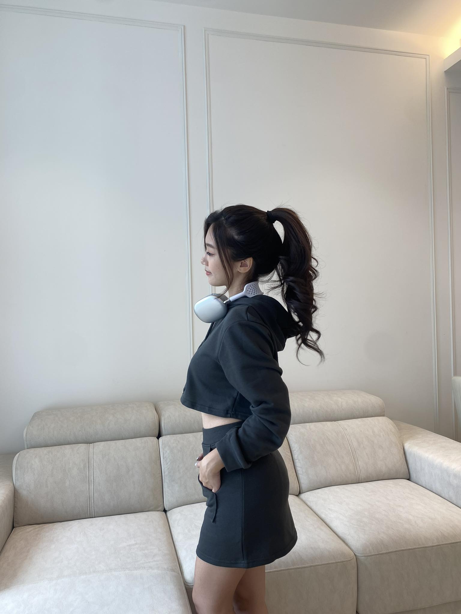 Grey Crop Hoodie & Skirt Set