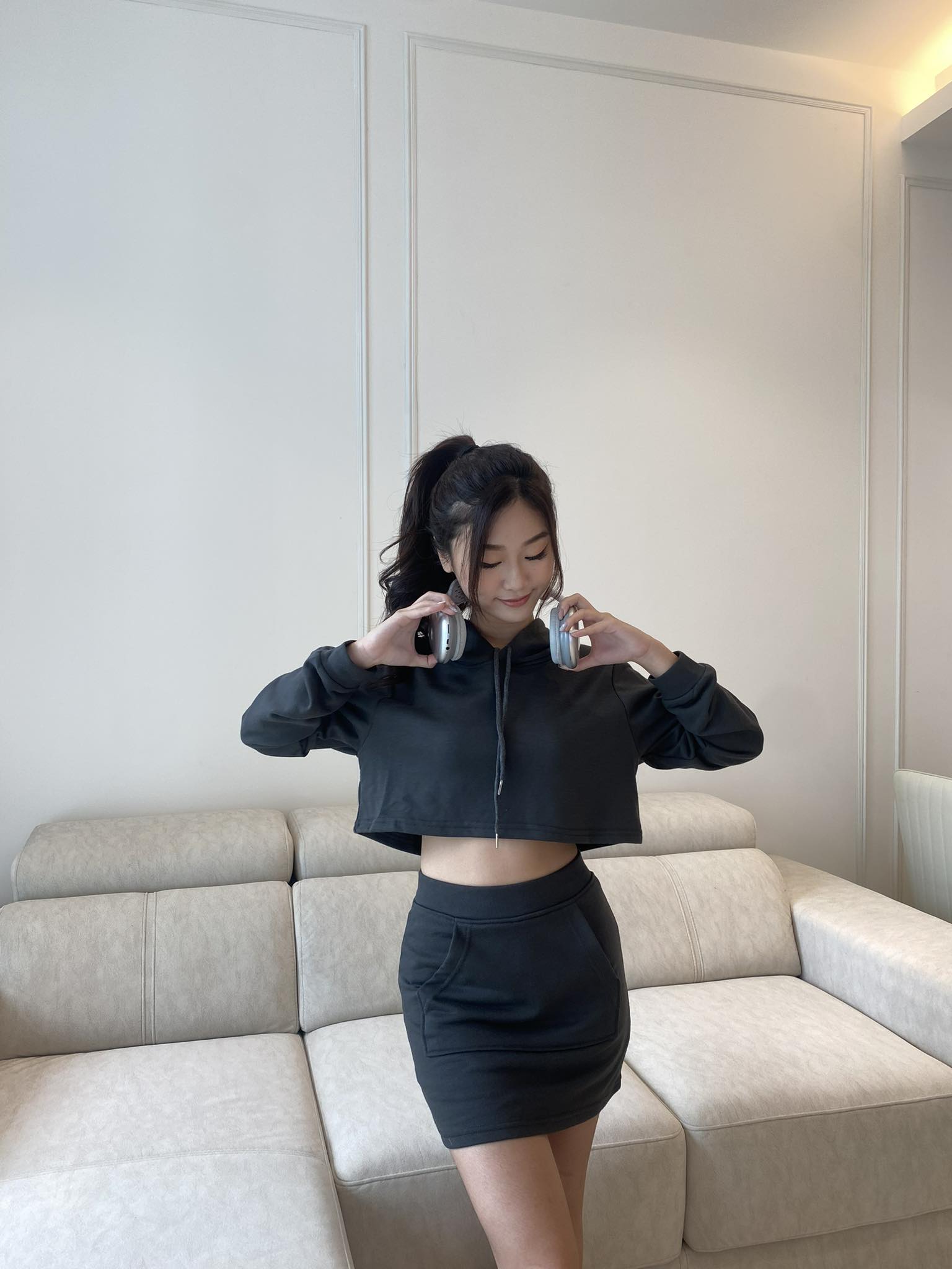 Grey Crop Hoodie & Skirt Set