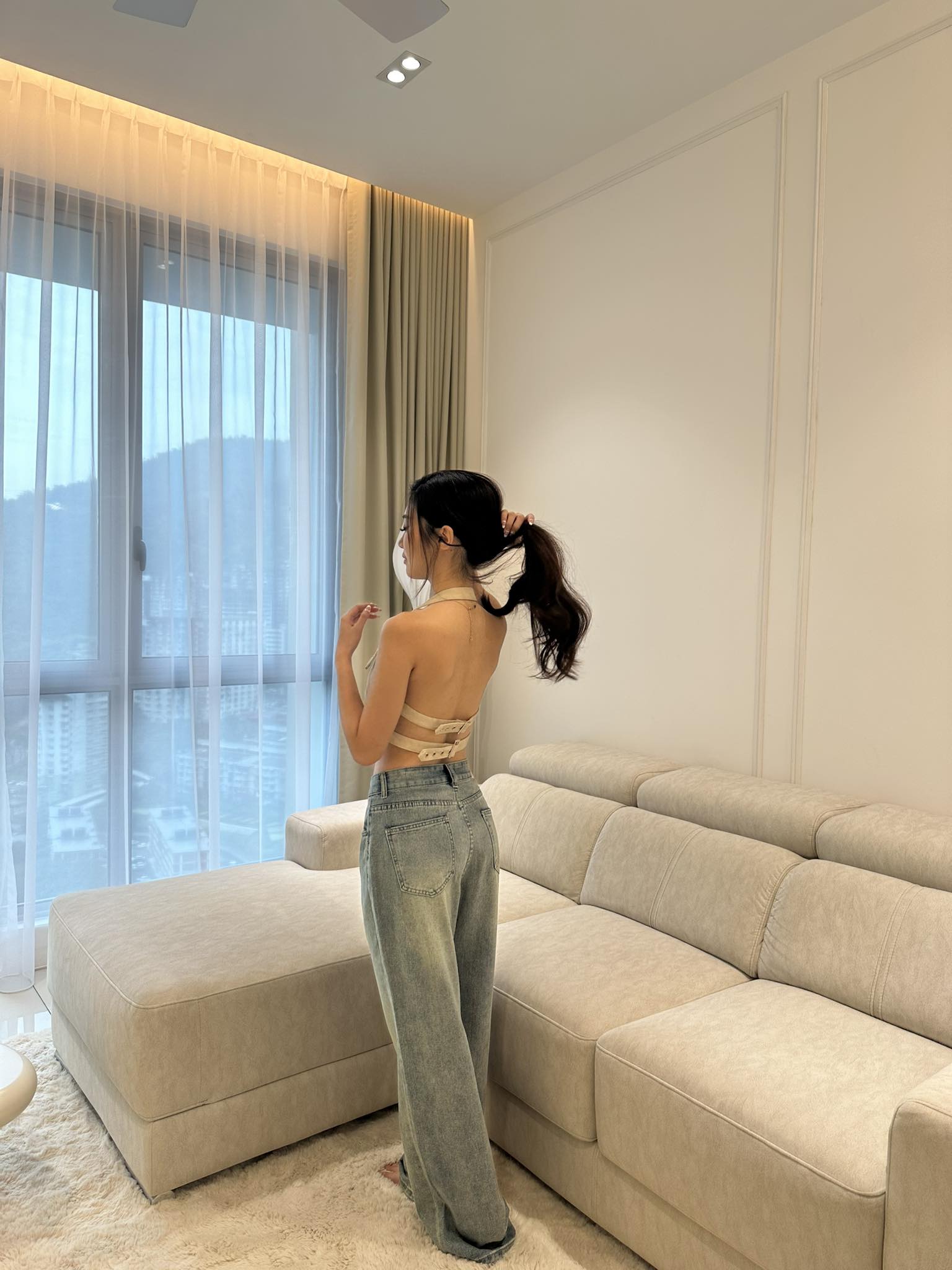 Khaki Halter Top / High Waist Denim Long Pants