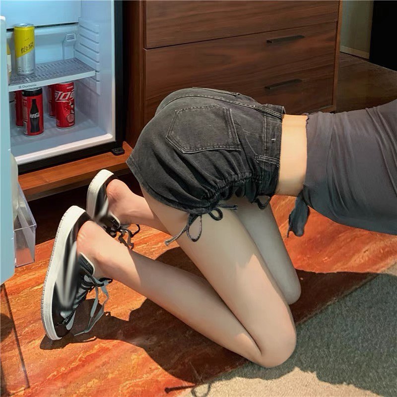 Denim high waist drawstring shorts