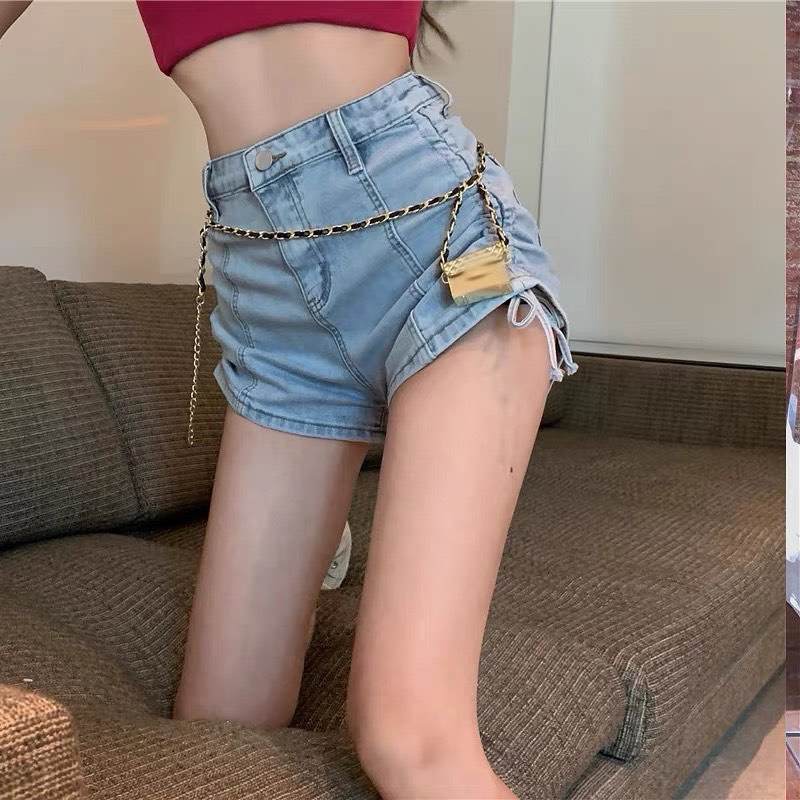 Denim high waist drawstring shorts