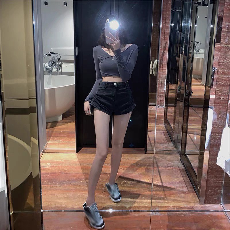 Denim high waist drawstring shorts