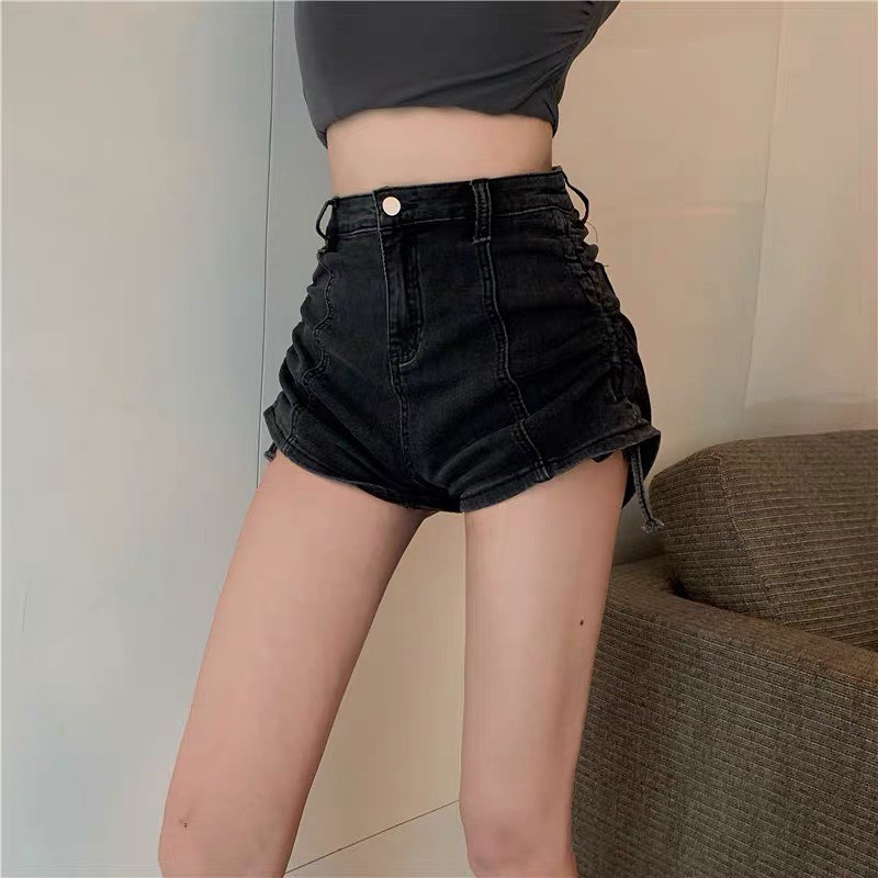 Denim high waist drawstring shorts