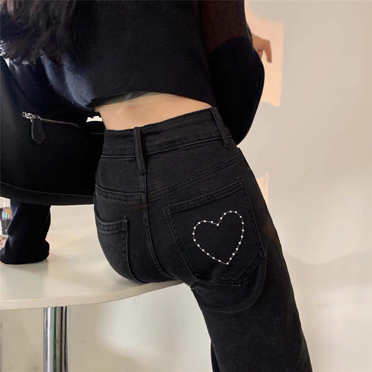 Heart black high waist long pants