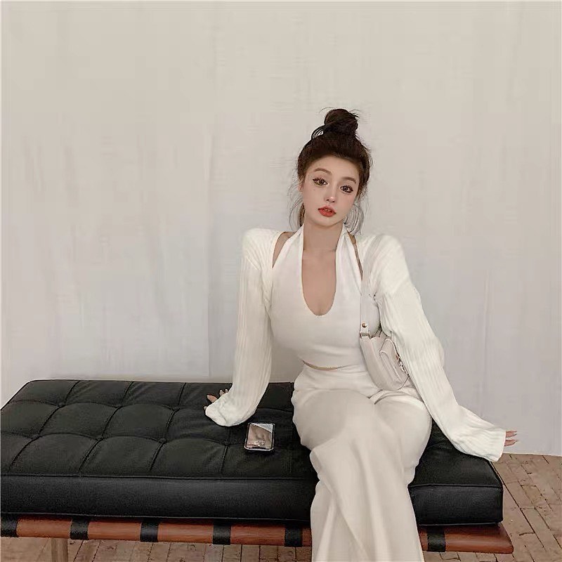 White halter neck top, cardigan & pants set