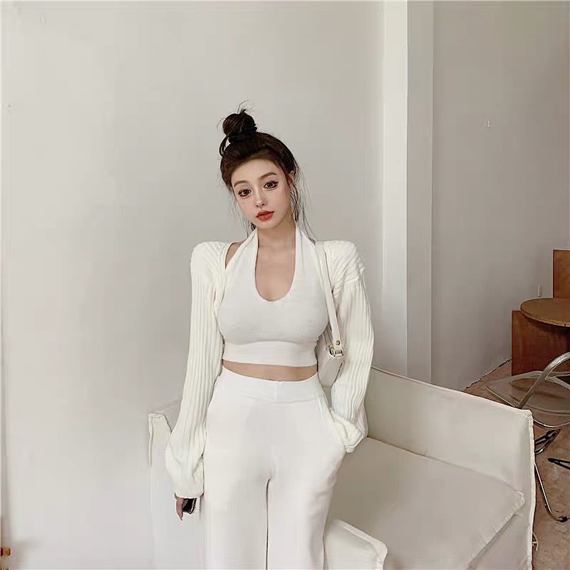 White halter neck top, cardigan & pants set