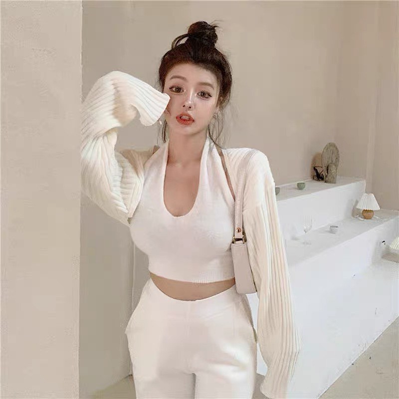 White halter neck top, cardigan & pants set