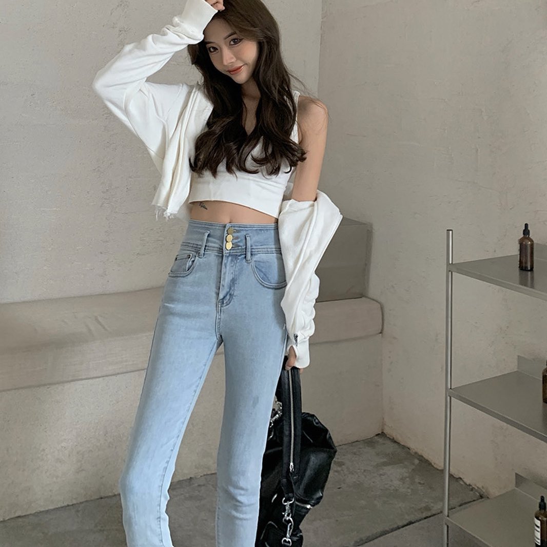 High waist buttons denim slim fit jeans