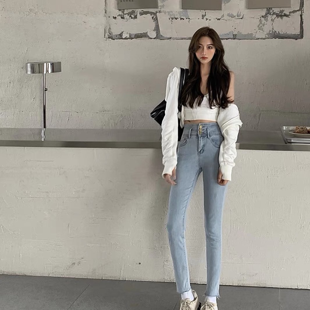 High waist buttons denim slim fit jeans