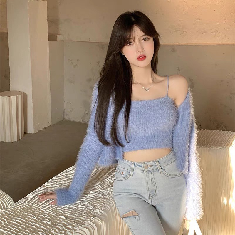 Furry cardigan & crop singlet set